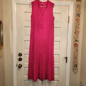 CHICOS Maxi Dress Size 2 Sleeveless Fuscia Pink Tie Neck 2 Side Hidden Pockets